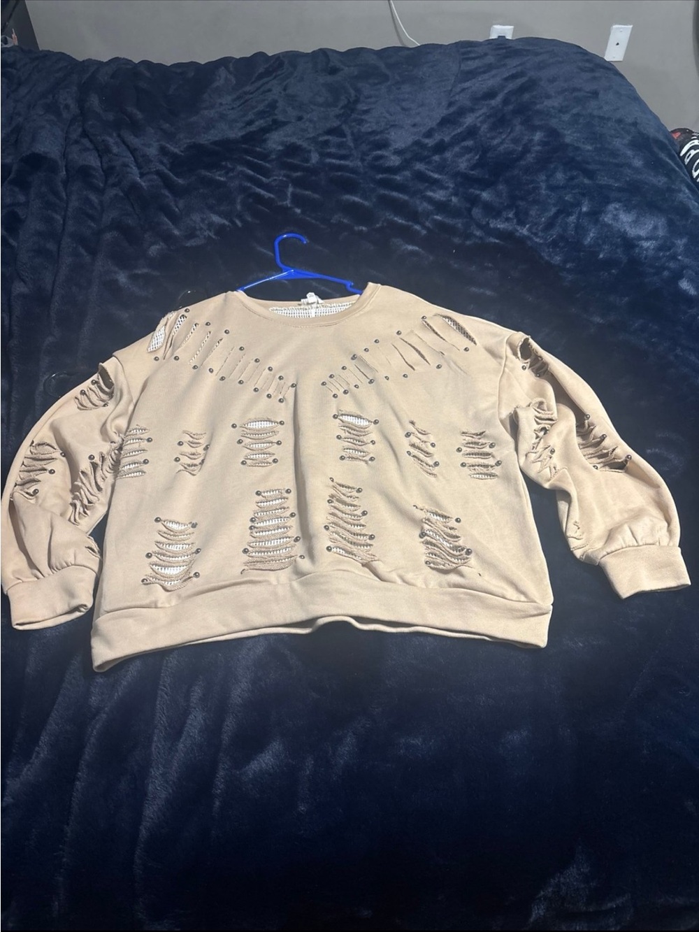 POL Beige Distressed Crewneck Sweater with Stud Details